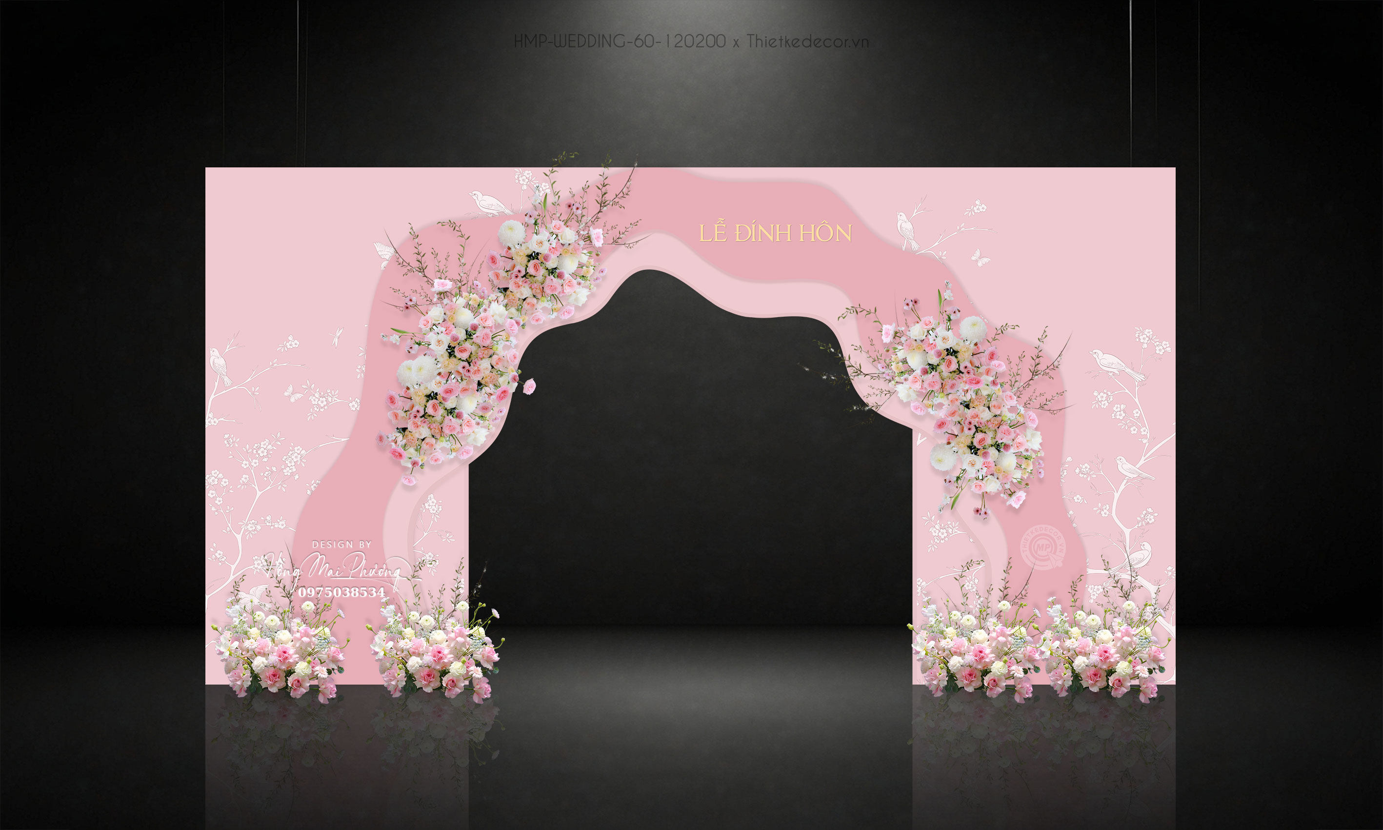 Cổng cưới tone hồng uốn lượn mix chim cành siêu sang